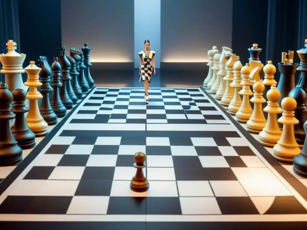 Desfile de moda en tablero de ajedrez: fusión única Desfile de moda con influencia del ajedrez: modelos en atuendos inspirados en el juego caminan por una pasarela ajedrezada
