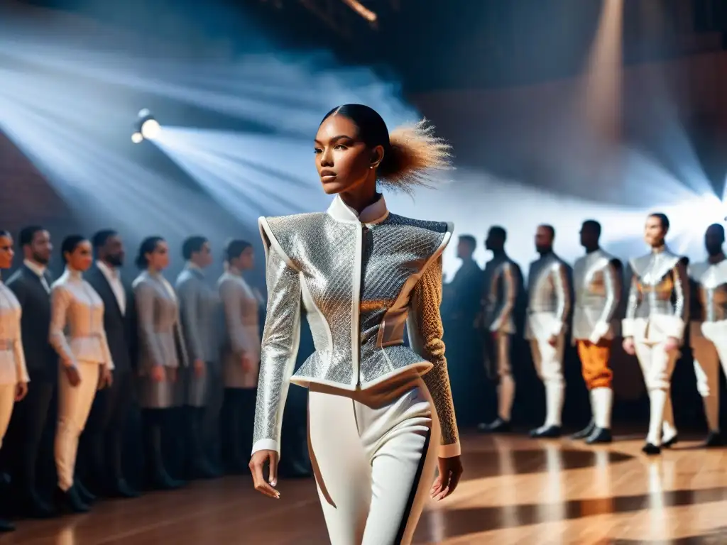 Desfile de moda con influencia de la esgrima, modelos en atuendos vanguardistas