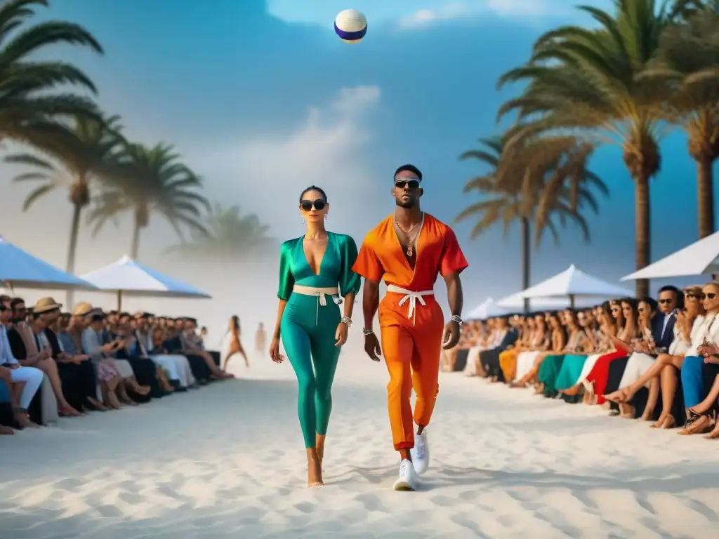 Desfile de moda verano en la playa con tendencias inspiradas en voleibol, modelos y espectadores animados bajo el atardecer