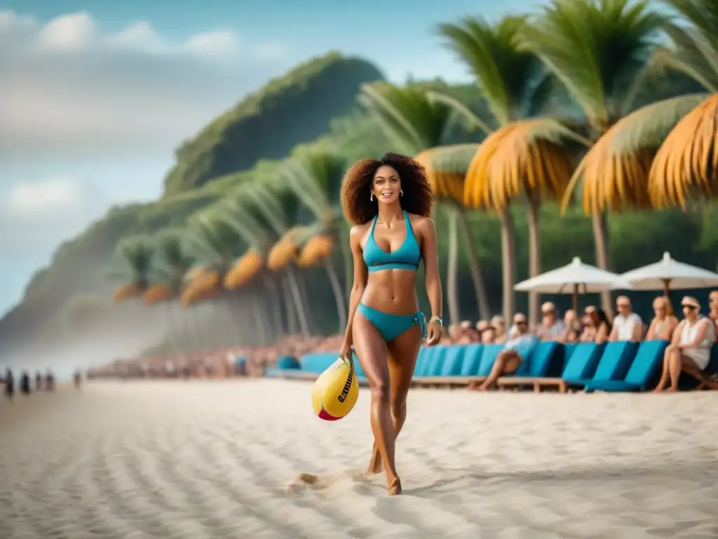 Desfile de moda verano voleibol playa en la arena, modelos y espectadores con palmeras al fondo