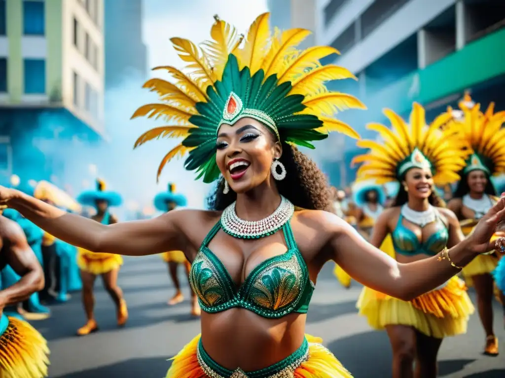 Desfile vibrante en el Carnaval de Río de Janeiro, muestra la evolución del Samba con músicos y bailarines