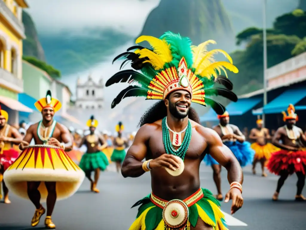 Deslumbrante desfile callejero en Río de Janeiro durante el Carnaval, músicos tocando instrumentos de Samba