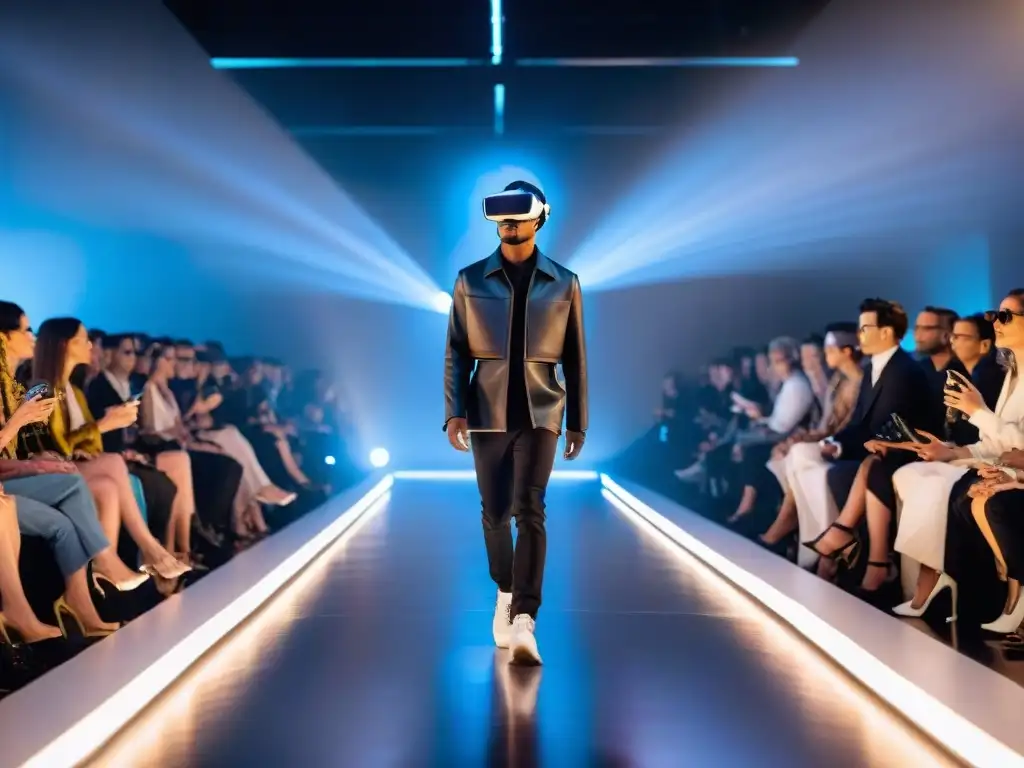 Deslumbrante desfile de moda de realidad virtual con modelos y audiencia impactados por la fusión vanguardista de tecnología y diseño