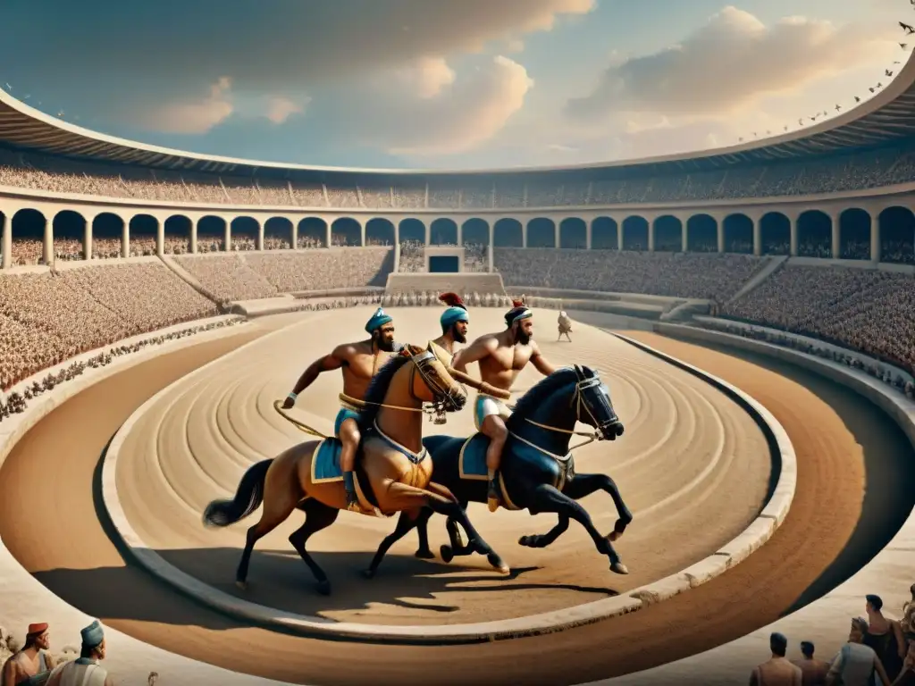 Una representación detallada de atletas griegos practicando deportes perdidos en Juegos Olímpicos en el antiguo estadio