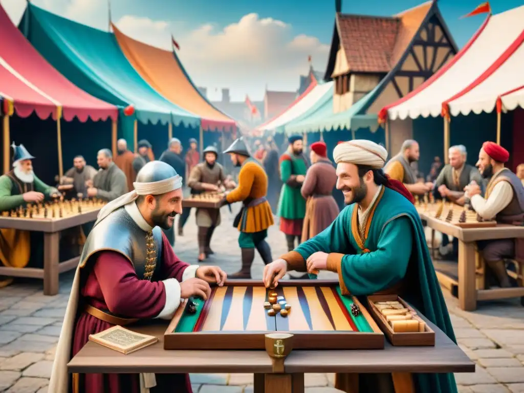 Ilustración detallada de un bullicioso mercado medieval con una partida de backgammon