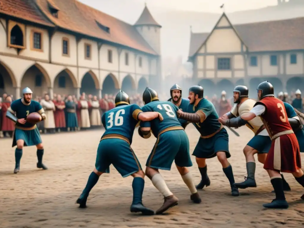 Ilustración detallada del caótico partido de fútbol medieval en plaza abarrotada