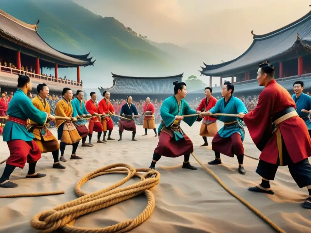 Competencia de Tira y Afloja: Vibrante Escena en Mercado Asiático Antiguo Ilustración detallada de una competencia de Tug of War en un bullicioso mercado asiático