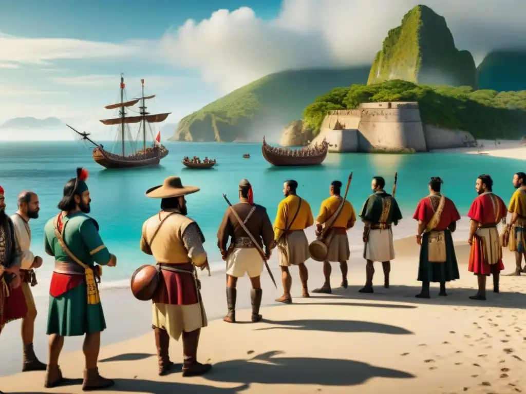 Recreación detallada de conquistadores españoles llegando a América Latina, con juegos de azar indígenas de fondo