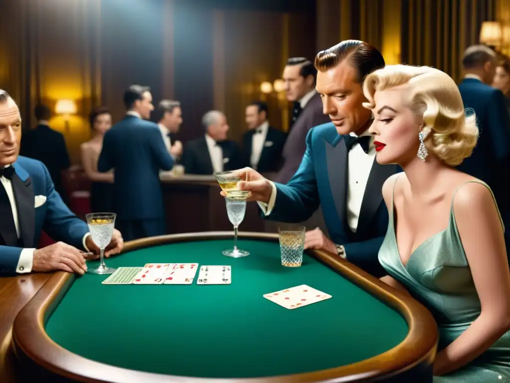 Recreación detallada de una fiesta glamorosa en Hollywood de los años 50, con celebridades jugando Gin Rummy