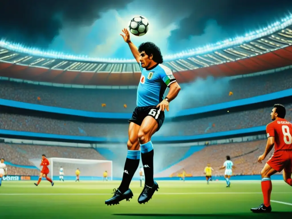 Recreación detallada del gol de la 'Mano de Dios' de Maradona en el Mundial 1986, fusionando fútbol y pintura historia evolución