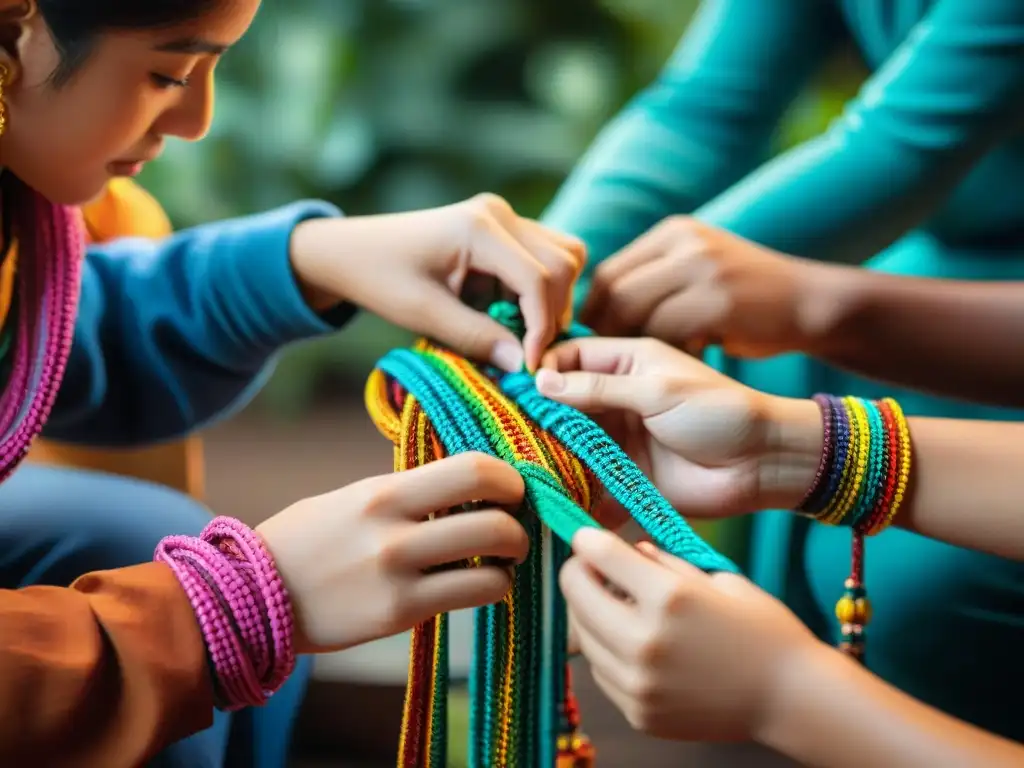 Arte tradicional: niños tejen coloridas pulseras de amistad Detallada imagen de manos de niños tejiendo pulseras de amistad, resaltando la importancia de los juegos tradicionales en el desarrollo cognitivo