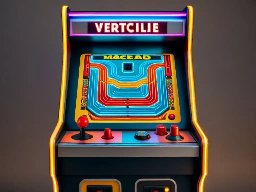 Una detallada imagen de una máquina arcade vintage de los 70, con cables intrincados y botones coloridos bajo luces de neón tenue