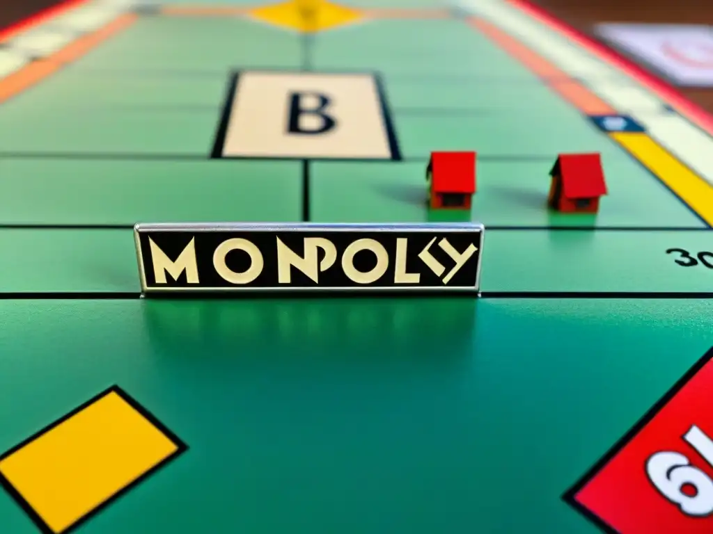 Detallada imagen de un Monopoly vintage de los años 30, con piezas metálicas y casas de madera pintadas a mano