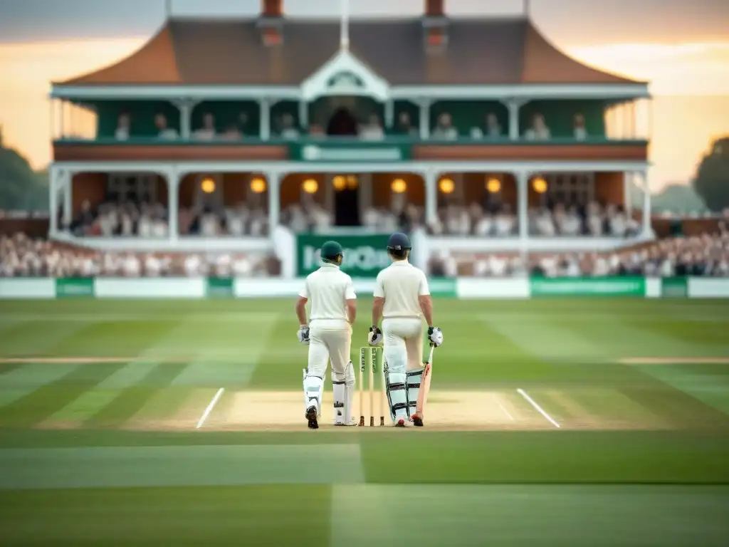 Detallada imagen de un partido vintage de cricket en Inglaterra, con jugadores en uniformes blancos y espectadores en ropa de época, en un campo verde, con arquitectura histórica de fondo como el icónico pabellón de Lord's Cricket Ground