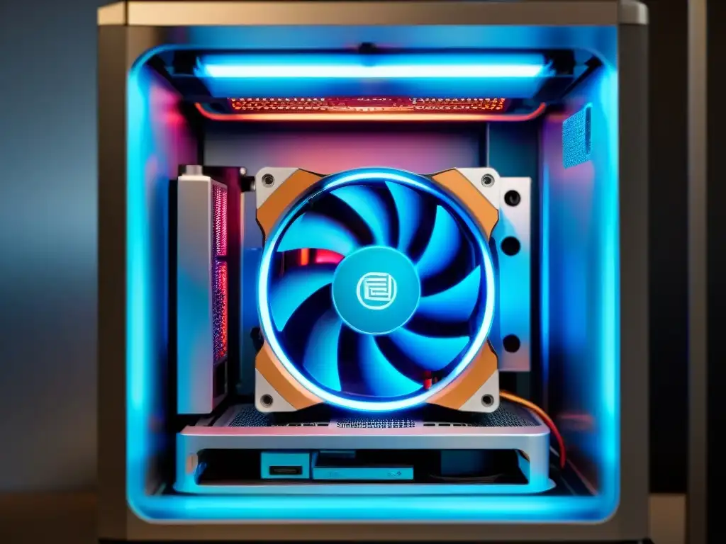 Detallada imagen 8k de setup gaming con ventiladores de refrigeración en acción y RGB vibrante iluminando el interior de la PC