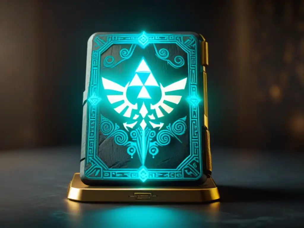 Misterioso brillo del Sheikah Slate en detalle Detallada imagen del Sheikah Slate de 'Zelda: Breath of the Wild', resaltando grabados e incógnita
