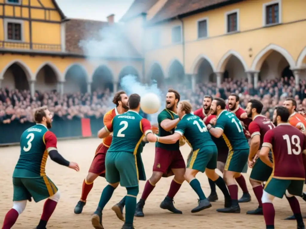 Ilustración detallada del juego de balonmano medieval en plaza concurrida, jugadores en atuendos renacentistas y multitud animando