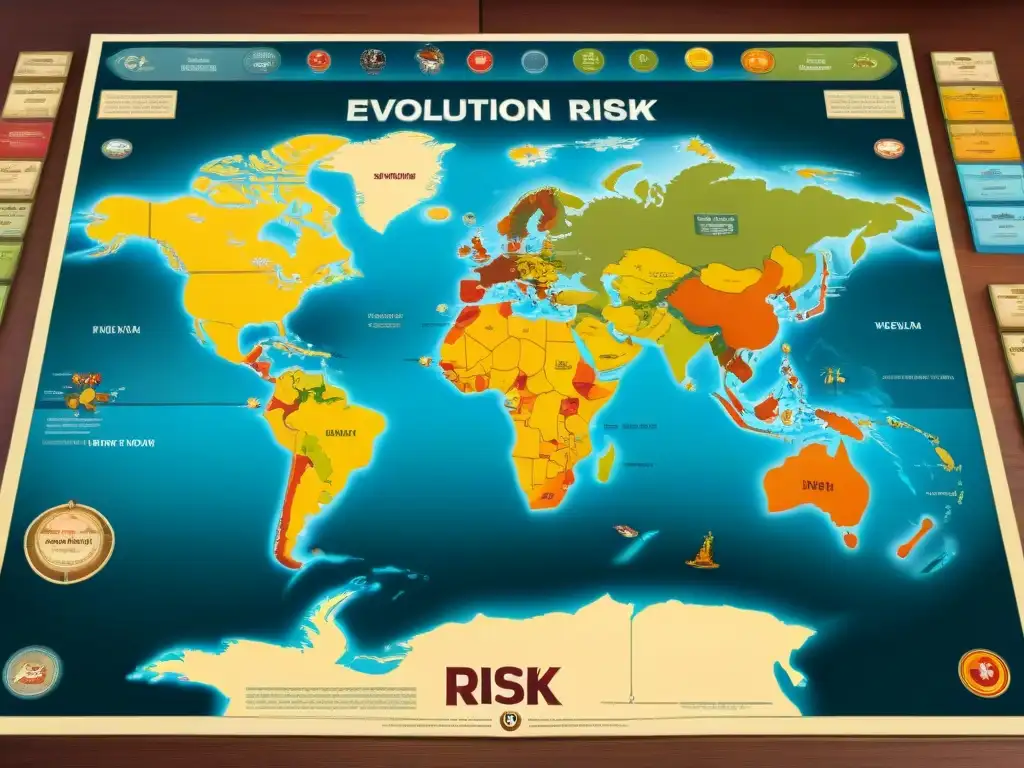 Una detallada línea temporal que muestra la evolución del juego de mesa Risk a lo largo de las décadas, destacando cambios clave