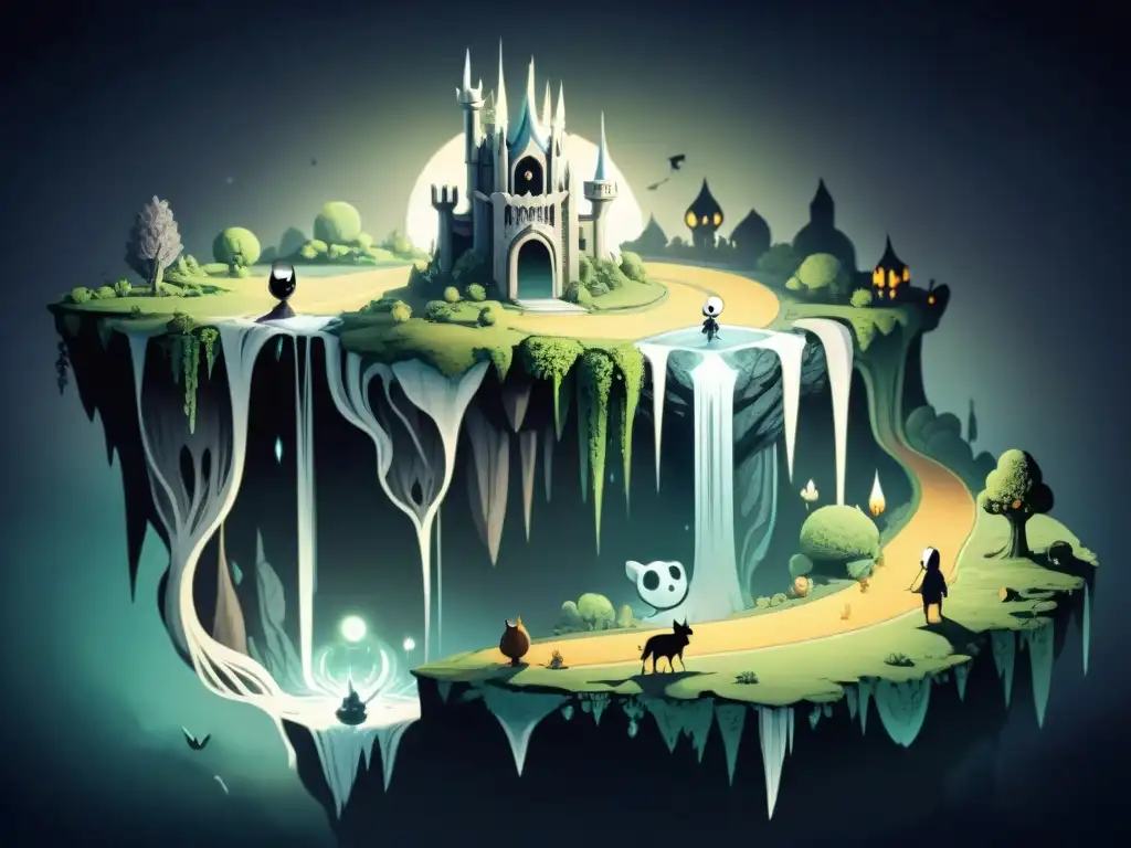 Explora la detallada y misteriosa historia de Hallownest en este mapa dibujado a mano de Hollow Knight, iluminado por una lámpara tenue