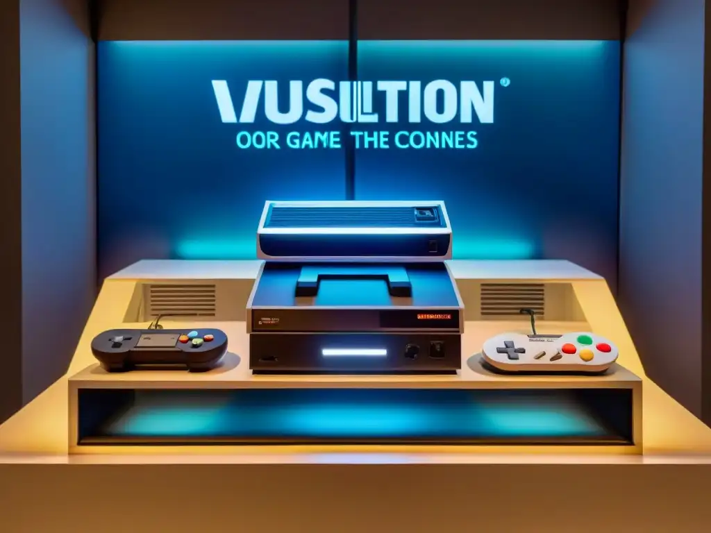 Exhibición detallada en museo de la evolución de consolas de videojuegos a lo largo de las décadas, destacando Atari, NES, PlayStation y Xbox