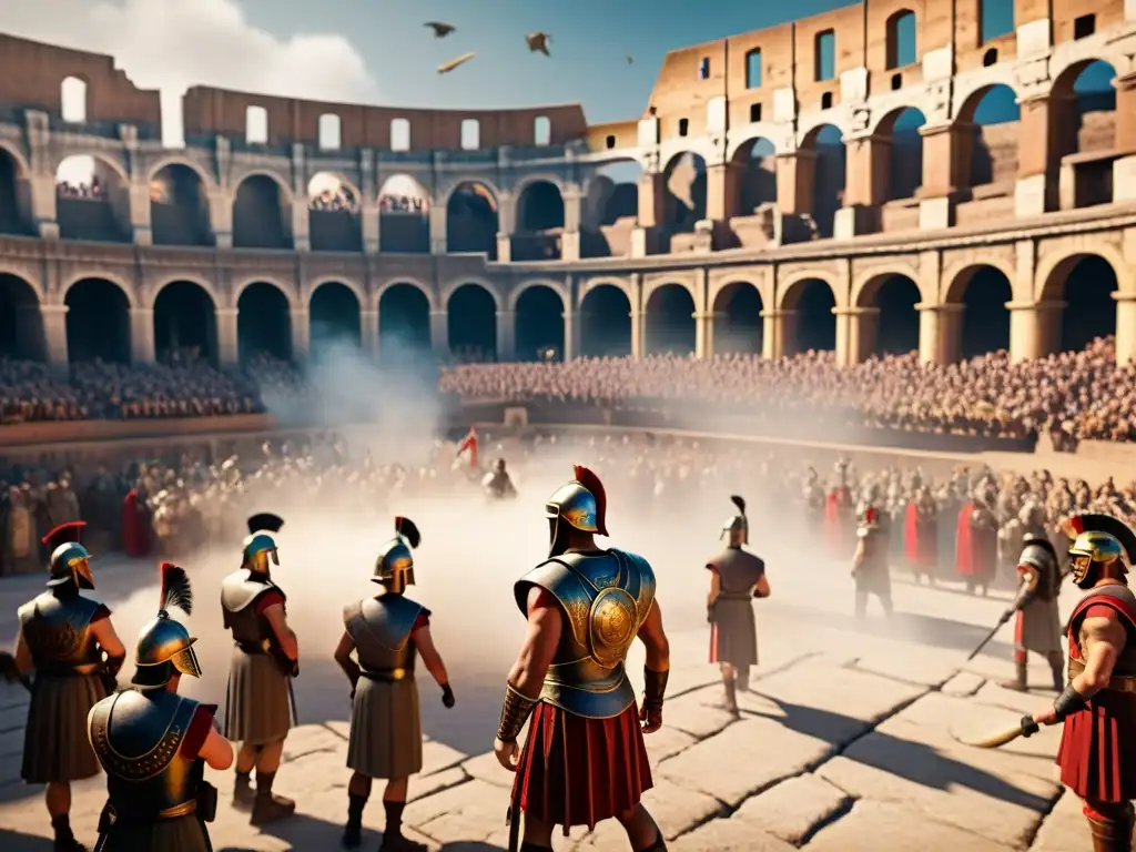 Simulación detallada de realidad virtual del Coliseo Romano con gladiadores en combate y espectadores animados