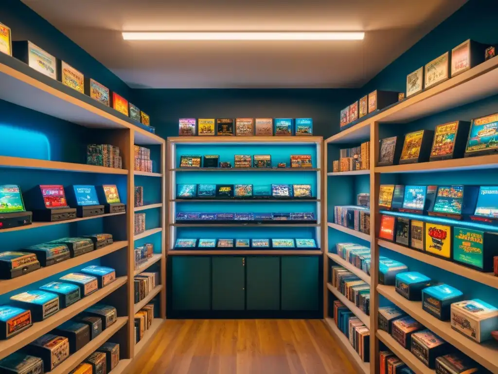 Sala de juegos vintage meticulosamente organizada Presentación detallada de una sala llena de juegos antiguos organizados estratégicamente en estanterías, iluminada cálidamente