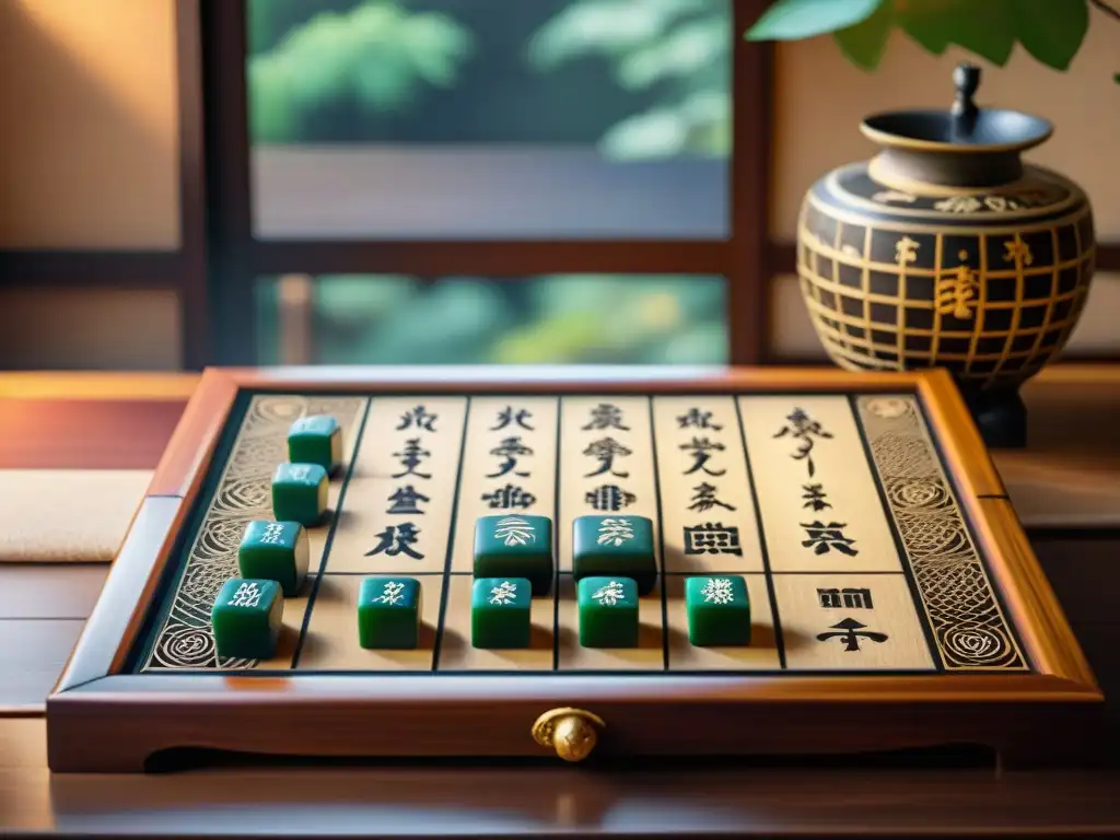 Una fotografía detallada de un tablero de shogi japonés tradicional, con tallados intrincados y caracteres kanji