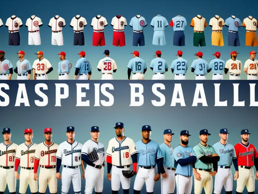 Ilustración detallada de la evolución de uniformes de béisbol a lo largo de la Historia, desde simples diseños hasta estilos más elaborados