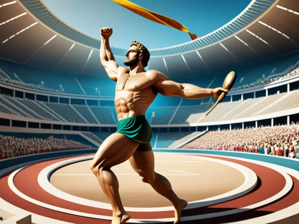 Ilustración detallada y vibrante de atletas griegos compitiendo en Olimpia