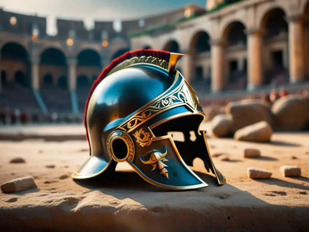 Detalles de casco de gladiador romano: victoria y grandeza Detallado casco de gladiador romano con grabados y cicatrices de batalla, evocando rituales victoria gladiadores romanos en el Coliseo