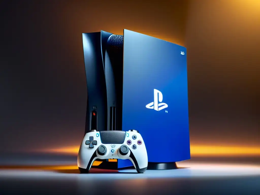 Detallado close-up de la consola PlayStation 5, con diseño futurista y luces LED, en una sala de juegos con ambiente de alta tecnología