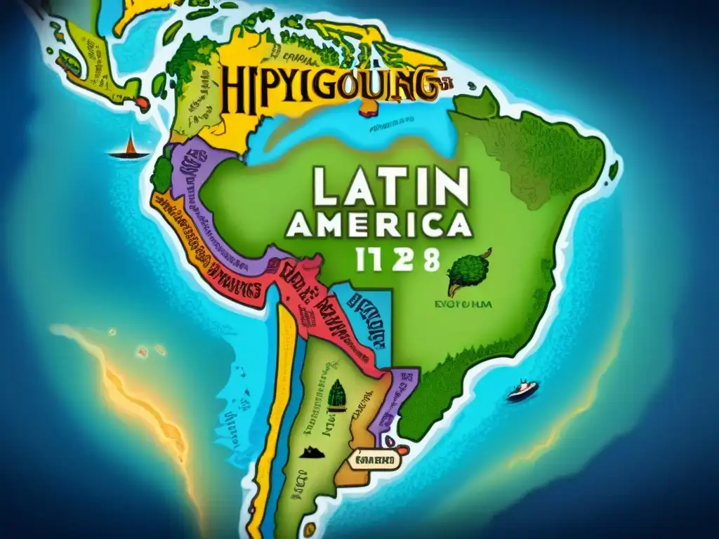 Un detallado mapa dibujado a mano de América Latina con reinos de fantasía, destacando la diversidad cultural e inspiración para juegos de rol