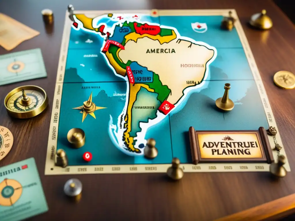 Un detallado mapa vintage del mundo en una mesa de madera, rodeado de brújulas y figurillas, evocando la estrategia del juego Risk