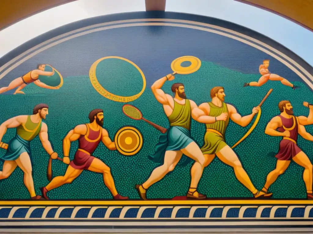 Detallado mosaico de atletas griegos compitiendo en antiguos Juegos Olímpicos, transporte a la historia de deportes y culturas antiguas