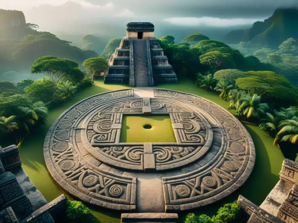 Detalle de un antiguo juego de pelota maya con geometría sagrada en medio de la jungla exuberante