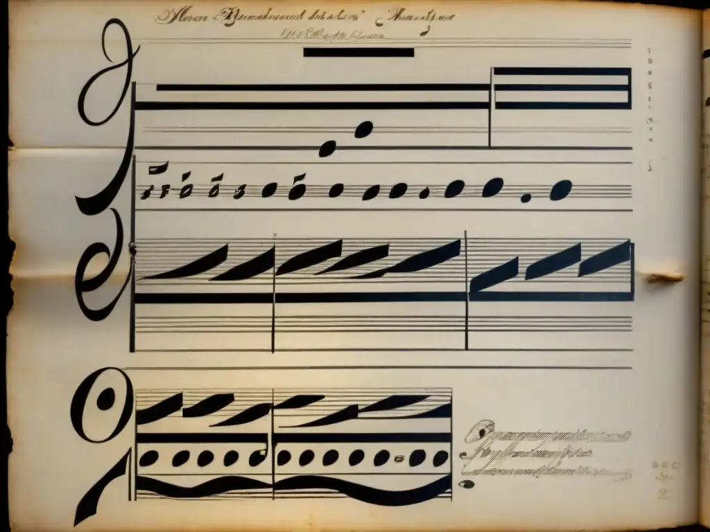 Detalle antiguo de la partitura escrita a mano de Beethoven, revelando juegos ancestrales en Beethoven en cada nota