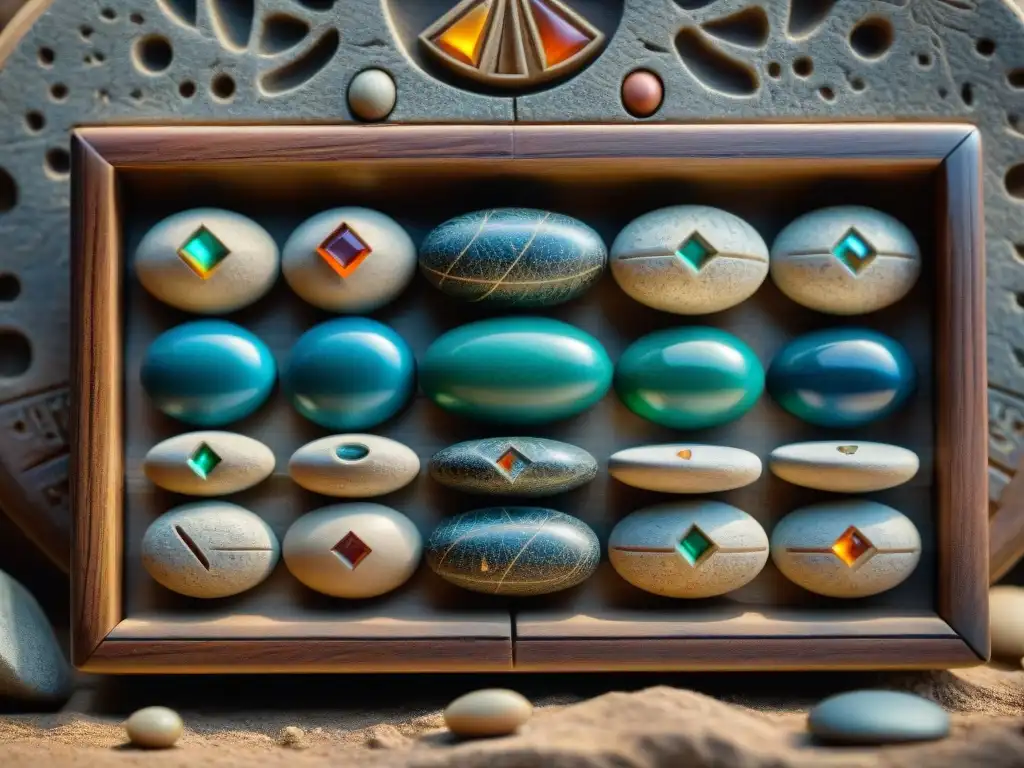 Tableros de Mancala antiguos esculpidos en piedra con gemas coloridas Detalle de antiguos tableros de Mancala esculpidos en piedra con gemas coloridas esparcidas