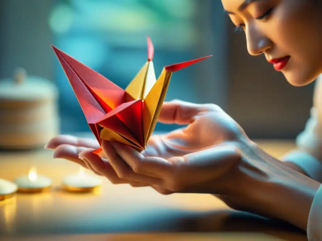 Detalle artístico: manos habilidosas crean una grulla de origami roja y dorada, reflejando la historia del origami en Japón