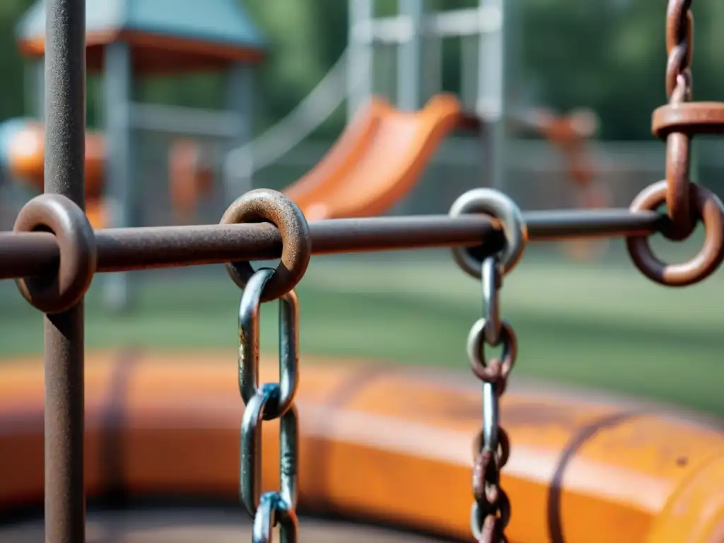 Detalle de corrosión en cadenas de columpio de parque infantil, mostrando el impacto del tiempo