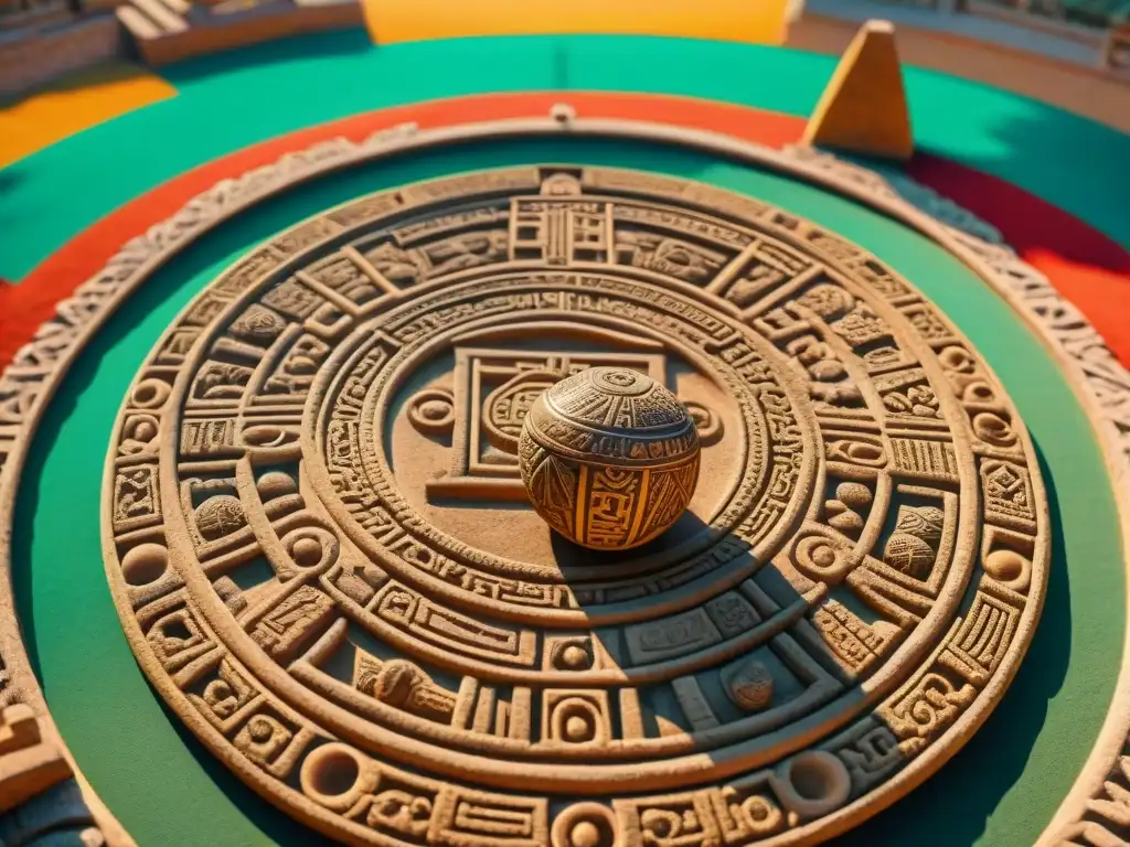 Detalle de una cancha de juego de pelota maya con arquitectura de piedra y jeroglíficos antiguos