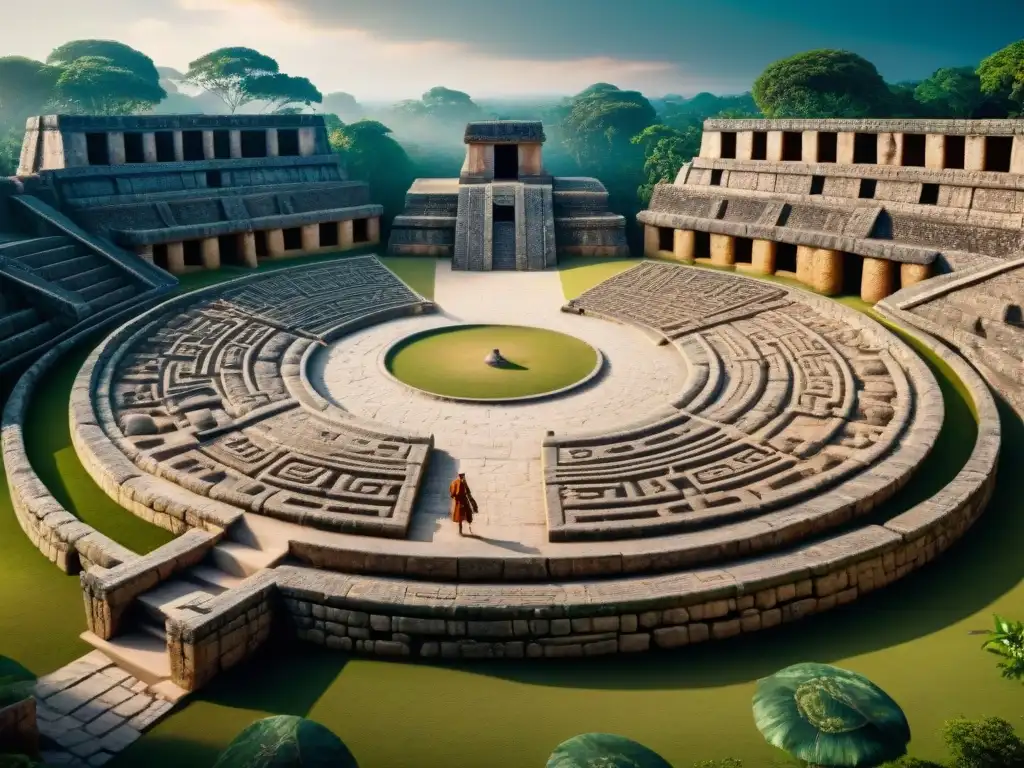 Detalle de la cancha de pelota maya con grabados, anillos de piedra y espectadores