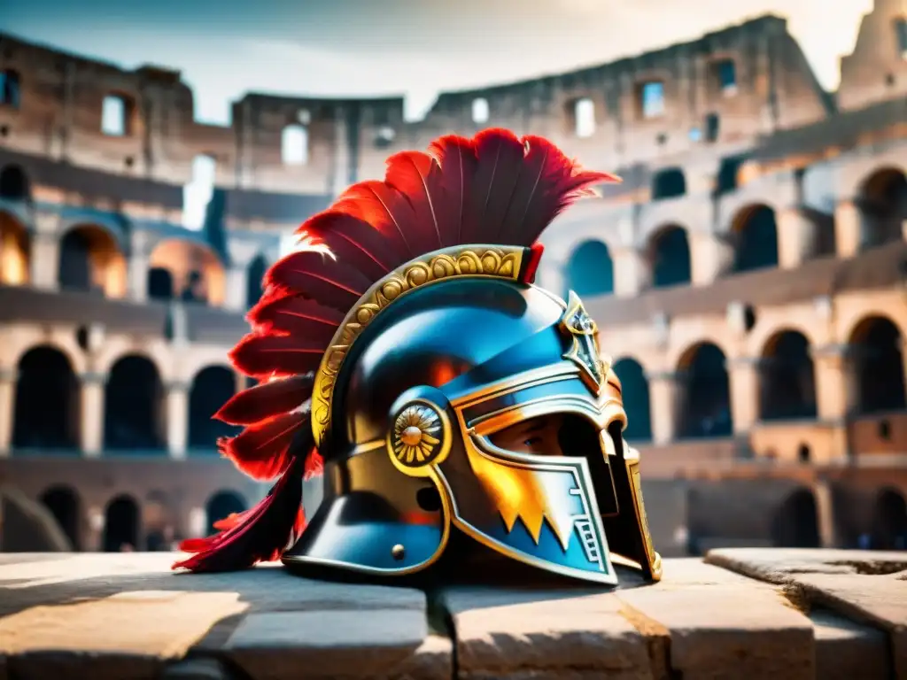 Detalle de un casco de gladiador romano con plumas rojas, evocando el significado colores uniformes deportivos ancestrales