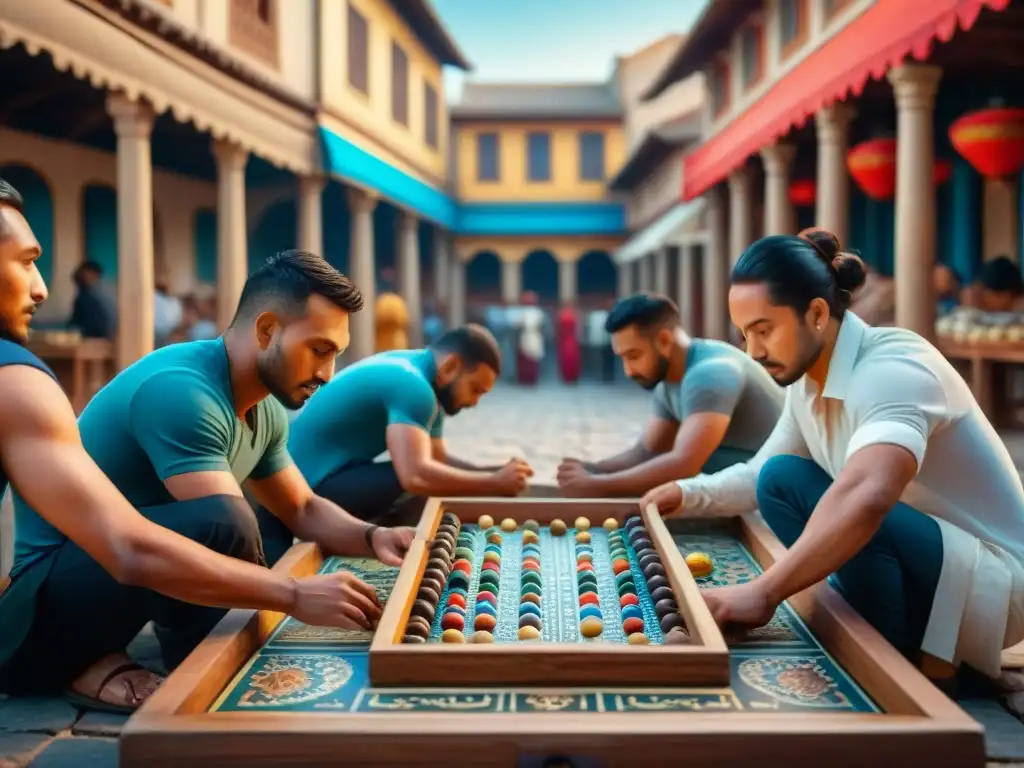 Antiguo mosaico de Mancala en mercado bullicioso Detalle colorido del Mancala en mercado antiguo