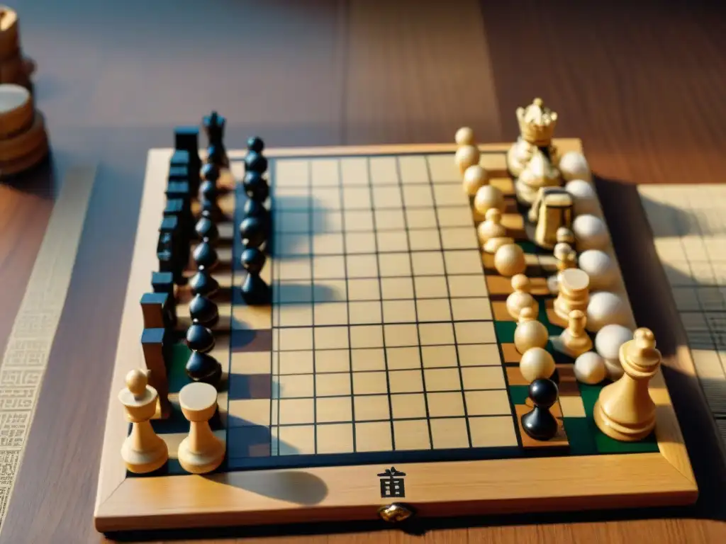 Detalle de una comparativa Shogi vs Ajedrez: tableros y piezas detalladas en contraste cultural y estratégico