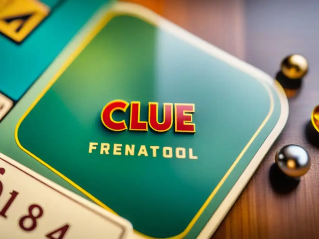 Detalle detallado del juego de mesa Clue, resaltando elementos vintage y evocando nostalgia