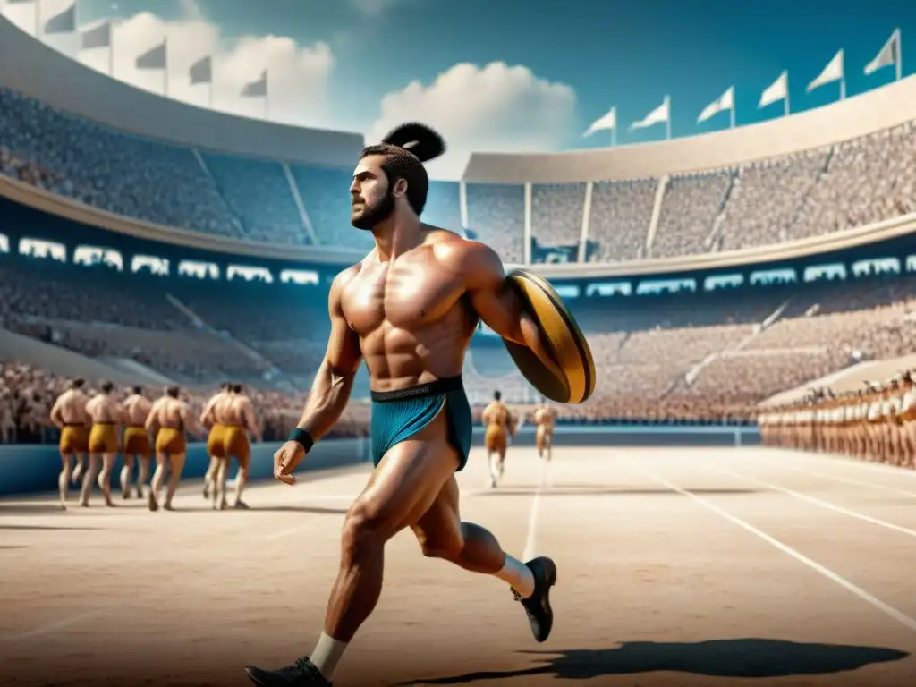 Detalle épico de atletas griegos en los Juegos Olímpicos, mostrando competencia y la esencia de la Filosofía de los Juegos Olímpicos