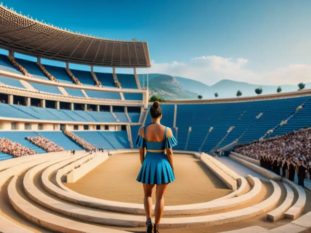 Detalle de estadio griego antiguo con atletas y espectadores, resaltando deportes olímpicos antiguos educación moderna