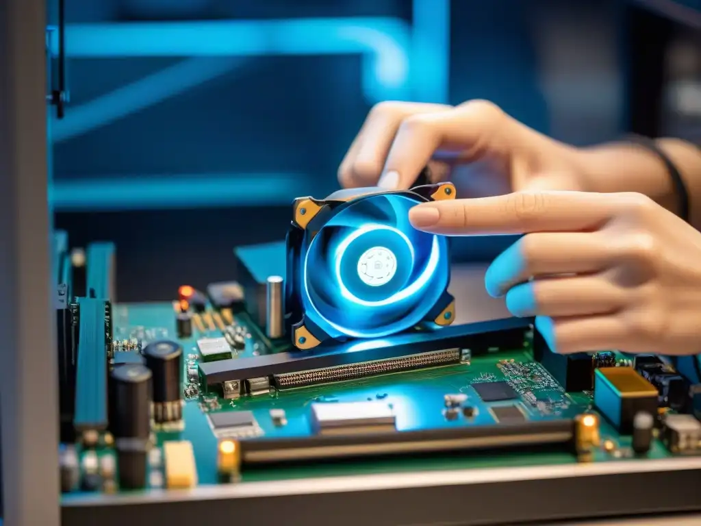 Detalle experto: manos colocando tarjeta gráfica en placa base de PC gaming