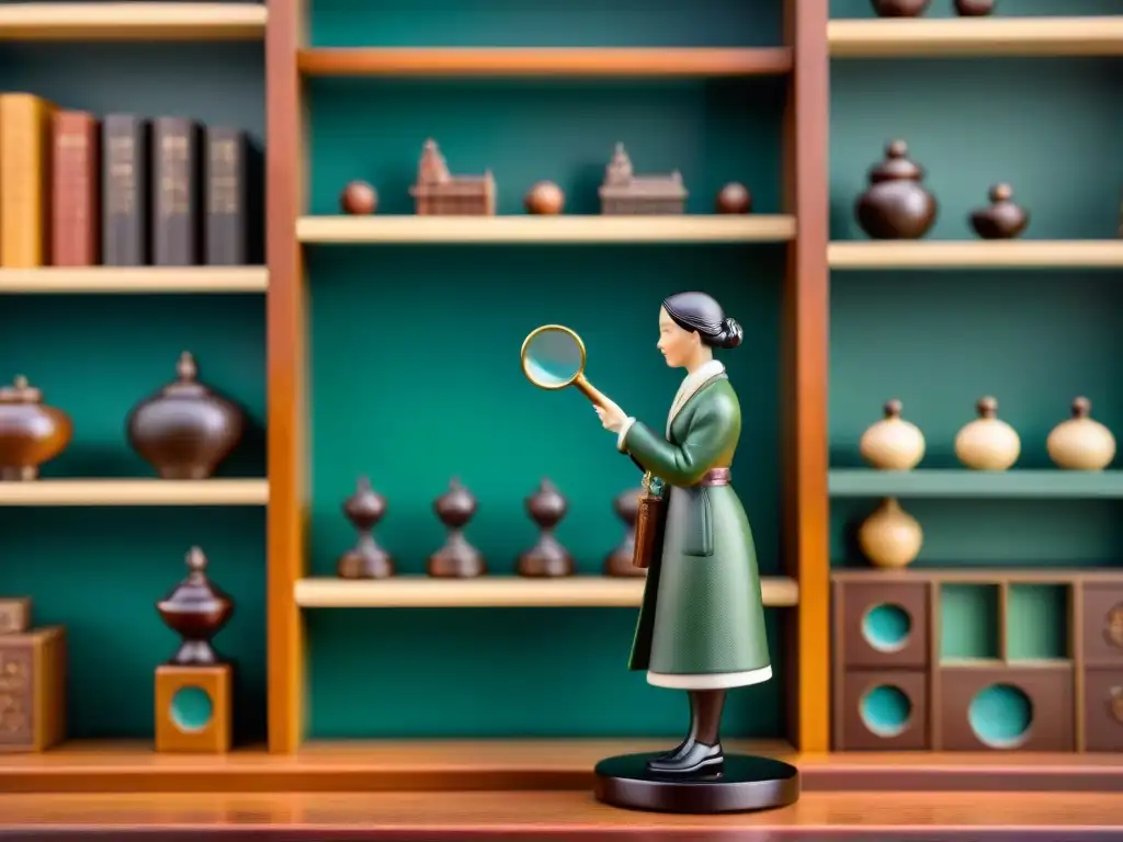 Detalle increíble: mano examina figura coleccionable Detalle exquisito de una mano sosteniendo una lupa junto a una figura coleccionable rara, en una habitación llena de tesoros