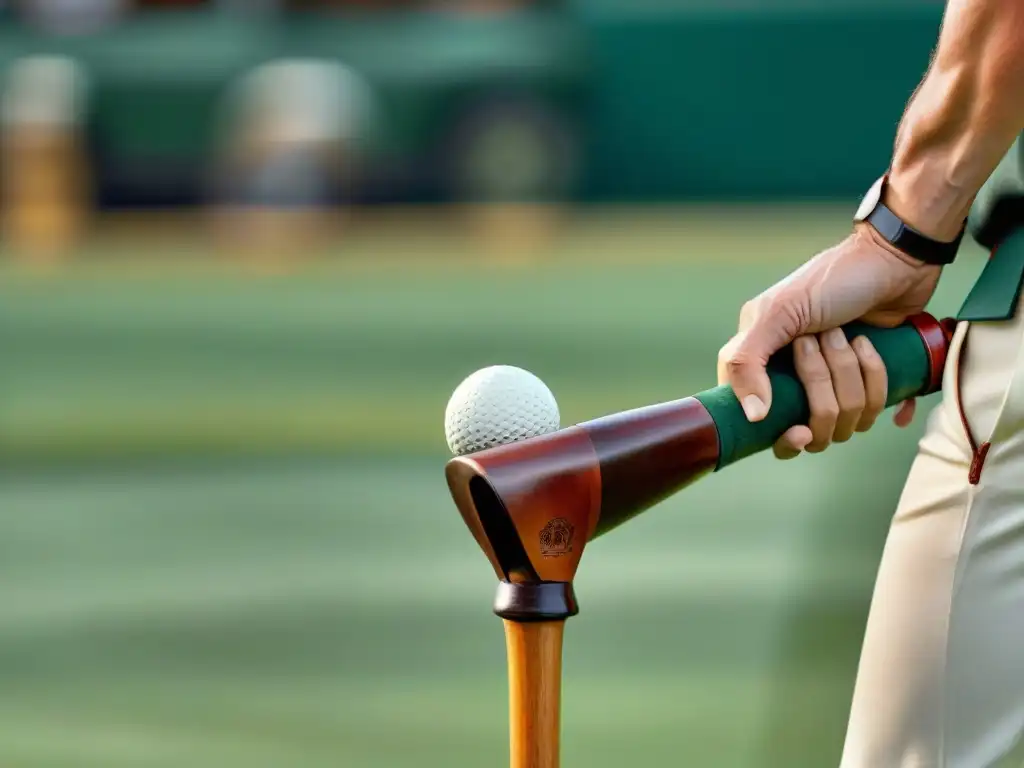 Detalles de un mazo de polo vintage en un campo de juego Detalle exquisito de un mazo de polo vintage sobre silla de cuero, en un campo de polo verde con jugadores